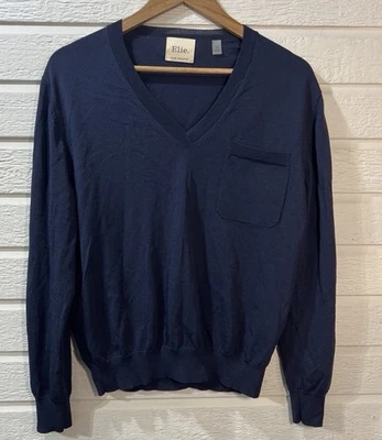 Elie Tahari womens large Blue Navy V-neck Lightweight Sweater Top Pocket Classic - Image 1 of 4