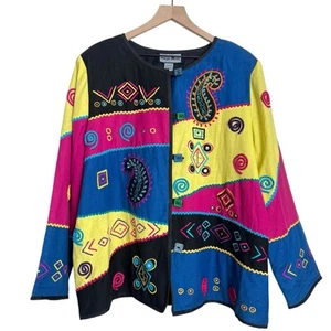 Indigo Moon Womens 1X Funky Colorful Art Button Blazer Jacket Embroidered Sequin - Picture 1 of 5