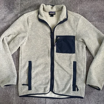 Men's Patagonia Oatmeal Heather Navy Blue Synchilla Fleece Zip Up Jacket Sz S - Image 1 of 4