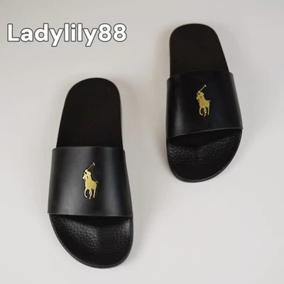 NWT Polo RALPH LAUREN Slide Sandal Men's Signature Gold Pony Black - Image 1 of 4