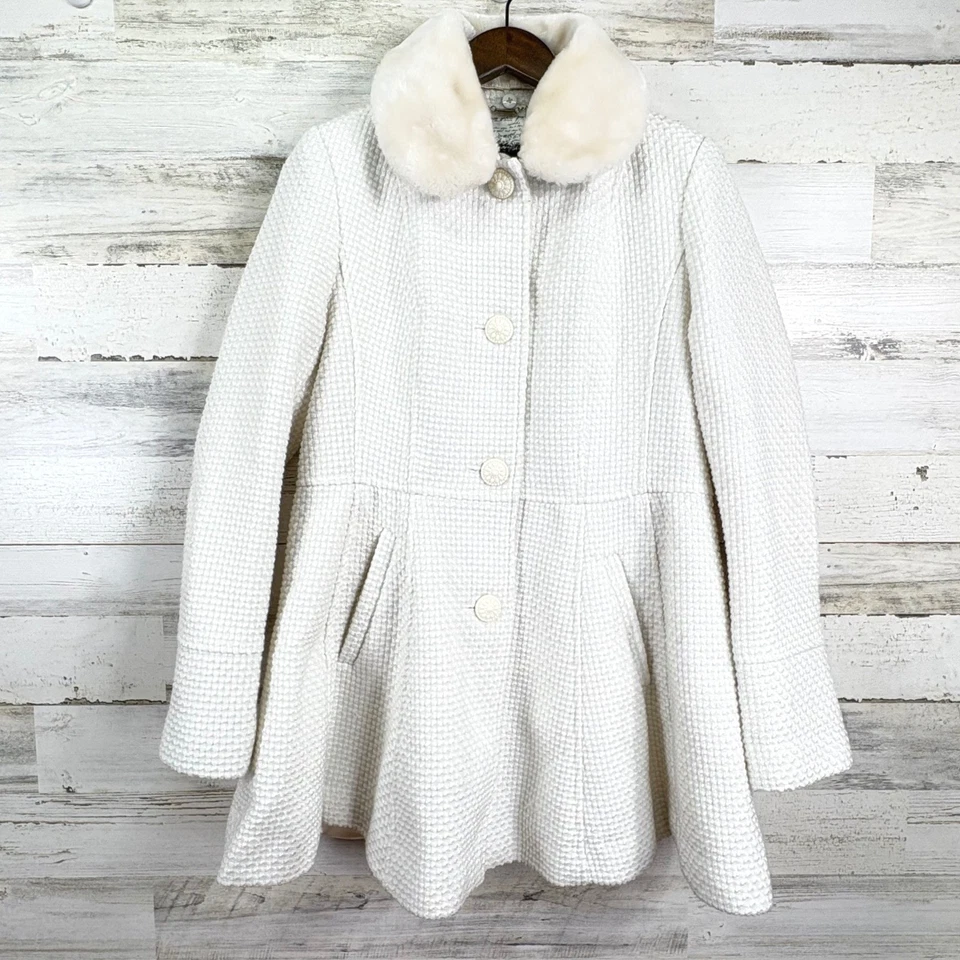Kensie Womens Pea Coat Faux Fur Removable Collar White Peplum Waffle Knit Size L - Image 1 of 4