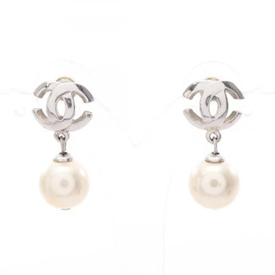 CHANEL COCO Mark Pierced Earrings Stainless Steel Artificial Pearl White Used CC - Image 1 of 4