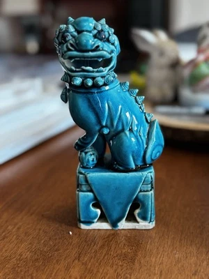 Antique Chinese Mythical Lion "Foo Dog" Peking Blue Porcelain 8” statue” - Image 1 of 4
