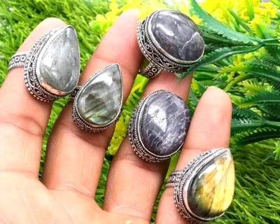 5 Stück Mix Größe Menge Labradorite Edelstein Handgemacht Ringe Menge,Versilbert - Bild 1 von 3