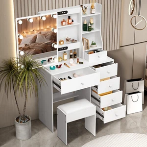 6 Schublade Schminktisch Make-up Frisiertisch LED-Beleuchtung Spiegel und Hocker - Bild 1 von 12