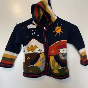 Peruvian wool applique cute hooded zip animal farm striped knit sweater - Picture 1 of 10
