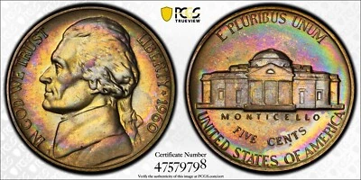 PR67 1960 5C Jefferson Proof Nickel PCGS Trueview- Pretty Rainbow Toned - Image 1 of 4