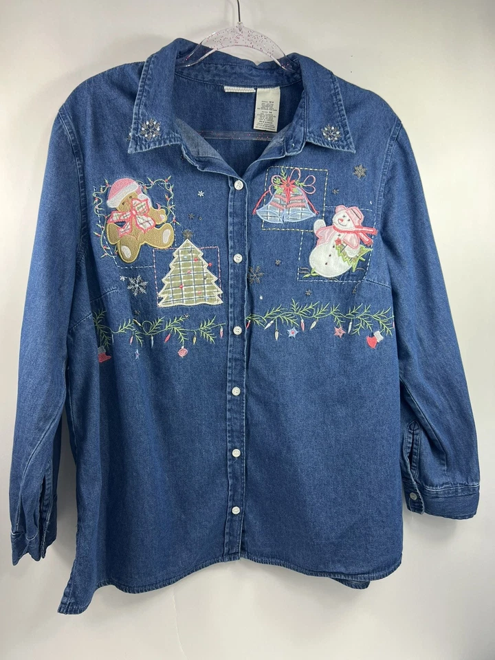 Женская джинсовая рубашка White Stag Plus размер 16 Вт синие рождественские аппликации с вышивкой - Изображение 1 из 4