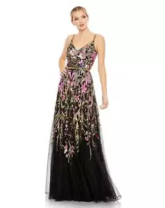 Mac Duggal 5671 V-Ausschnitt Pailletten Blumenriemen Kleid Gr. 10 (698 $) schwarzMulti - Bild 1 von 2
