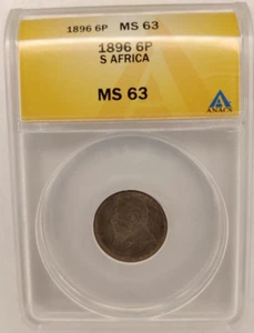 South Africa 1896 Silver 6Pence MS63 ANACS Rare HighGrade Kreuger Silver Coin 2B - Picture 1 of 4