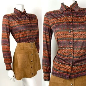 VINTAGE 60s 70s ORANGE BROWN PURPLE STRIPED PSYCHEDELIC FLORAL SHIRT TOP 14 16 - Picture 1 of 8
