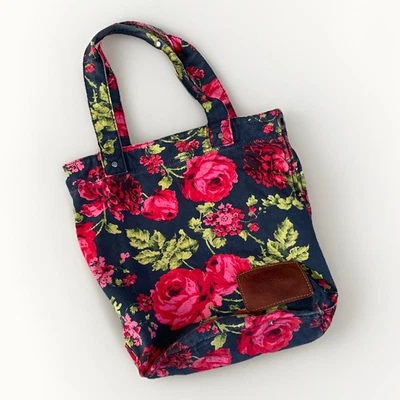 Abercrombie & Fitch Classic Tote Bag Red Pink Green Floral Roses Black Canvas - Image 1 of 4