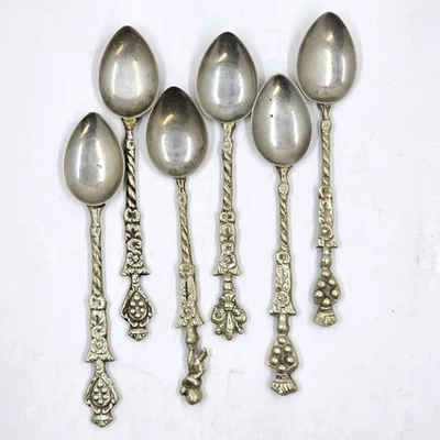 6 cucharas italianas figurativas de plata de 4" con asas ornamentadas Italia antiguas Foto 1 de 4