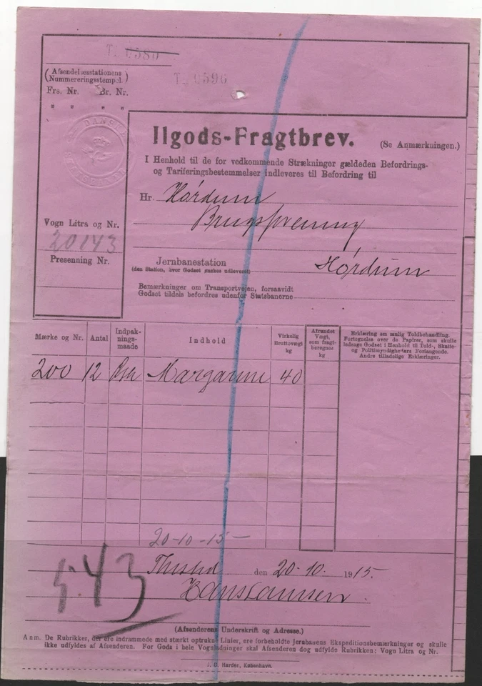 DENMARK # 7-1326 # PAPER FOR A PARCEL SENT BY THE RAILWAY # 1915 # - Image 1 of 2
