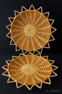 Handwoven Rattan Sunburst Chargers Pair - Vintage 14” Woven Basket Trays Decor - Picture 1 of 11