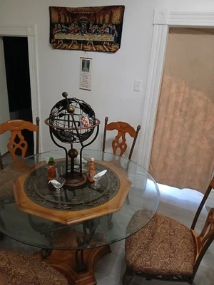 Round Dining Room Set Wood with Glass Inlaid table w/ 4 Iron frame padded chairs - Image 1 of 2