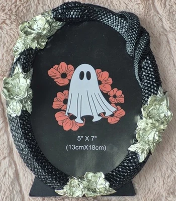 Black Oval Stand Up Photo Frame Coiled Snake Silver Floral Brand New - Image 1 of 4