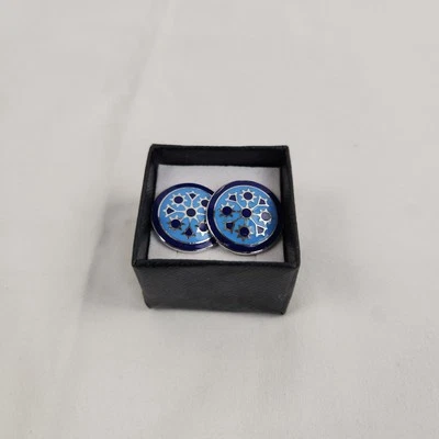 Цветочная эмаль запонки серебристого тона синий круглый для рубашки - Изображение 1 из 3