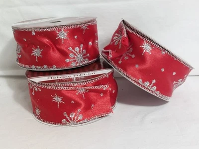 2 NEW Enchanted Forest Wired Holiday Ribbon Red Silver Glitter 15ft x 2in - READ - Image 1 of 4