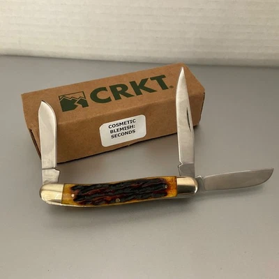 CRKT 3 BLADE STOCKMAM BURNT AMBER BONE POCKET KNIFE 6063  COSMETIC BLEMISH - Image 1 of 4