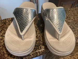 CROCS Monterey Metallic Wedge Flip Women 9 Silver Grey Sandals Authentic Mint - Picture 1 of 8