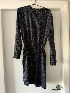 Decjuba long sleeve mini dress elastic waist navy blue white speckled dress M - Picture 1 of 11