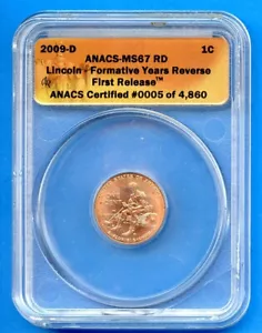 2009 D ANACS MS67 RD Lincoln Formative Years Cent 1c Penny 2009-D MS-67 RD - Picture 1 of 3