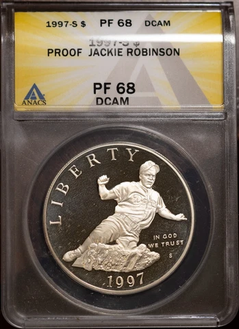 1997 $1 Silver Jackie Robinson Dollar PF 68 DCAM New ANACS # 7351786 + Bonus Cover