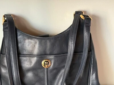 Vntg Etienne Aigner Navy Blue Leather Double Strap Hobo Snap Close Bottom Feet - Image 1 of 4