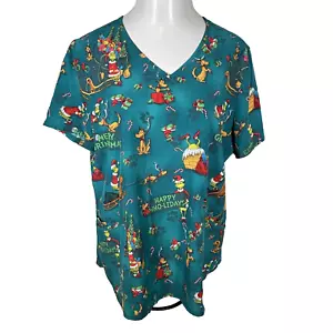 Dr Seuss Womens XL How the Grinch Stole Christmas Nurse Scrub Top Green Stretch - Picture 1 of 7