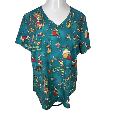 Dr Seuss Womens XL How the Grinch Stole Christmas Nurse Scrub Top Green Stretch - Image 1 of 4
