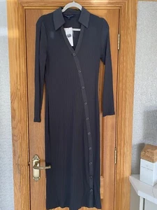Ladies French Connection Black Rib Midi Dress With Front Buttoning Detail Size L - Picture 1 of 8
