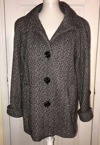 Giacca Tweed Small Ladies Jacket Black White Wool A Line Stand Up Collar Lined - Picture 1 of 9