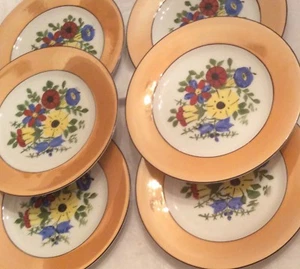 Handpainted Dishes 6 Czechoslovakia Lustre Boarder Luncheon Dessert Plates - Picture 1 of 9