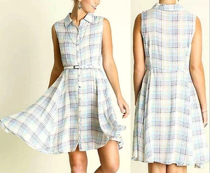 Umgee Dress Size S M L Blue Plaid Country Western Cottage Twirl Tunic Womens - Picture 1 of 4