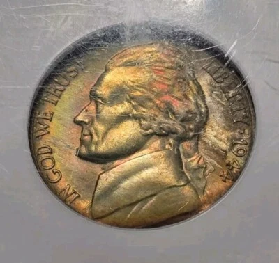 1944 D Jefferson War Nickel NGC MS67 Rainbow Toned Old Holder Incredibe Toning - Image 1 of 4