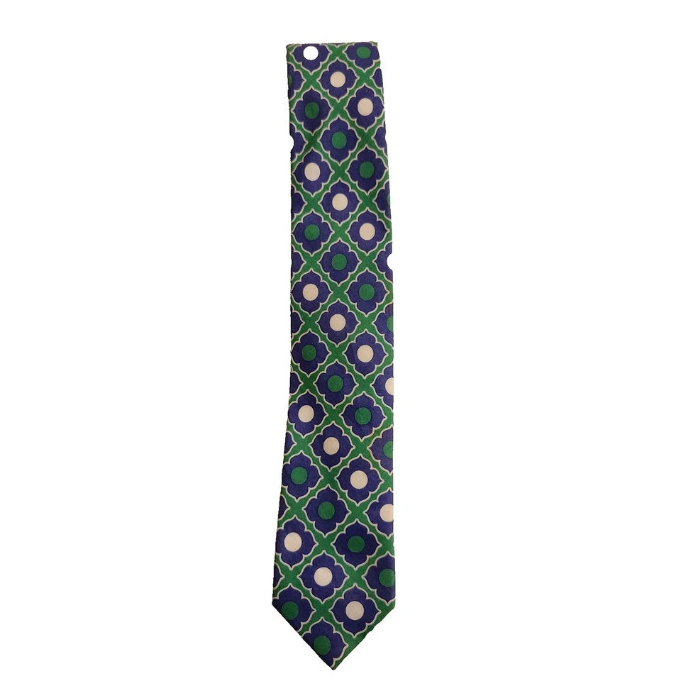 Tommy Hilfiger  Tie Floral Geometric Retro Green Blue White Cotton Mens Necktie - Image 1 of 4