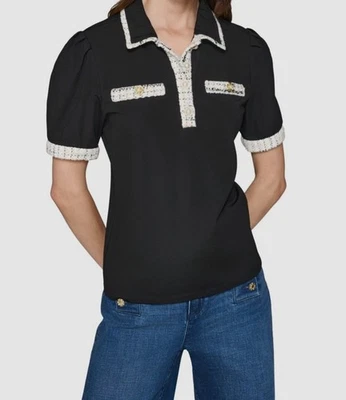 Top polo para mujer Karl Lagerfeld Paris negro con ribete de tweed talla XS Foto 1 de 3