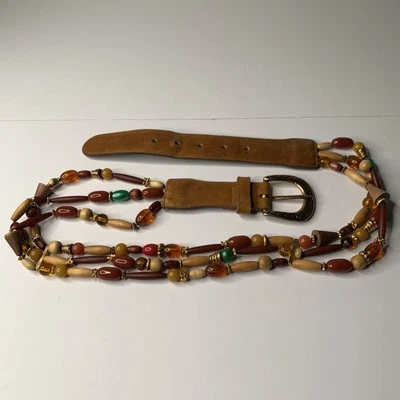 VTG Express Leather Belt Gold Buckle BEADED JEWELED Boho Size L Brown - Image 1 of 4