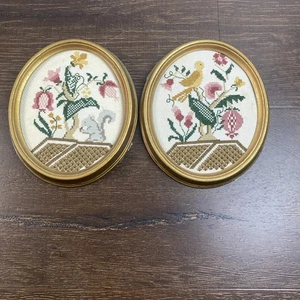 Vintage Pair ( 2 ) Oval Framed Needlepoint Birds Wildlife Floral 6.5” - Picture 1 of 4