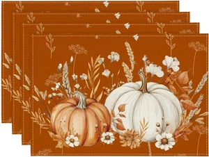 Pumpkins Wheat Fall Placemats Set of 4, 12X18 Inch Thanksgiving Vintage Table Ma - Picture 1 of 12