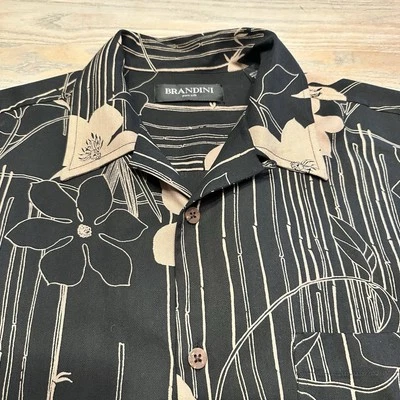 Camisa Brandini 100% Seda Hawaiana Abotonada Para Hombres XL Negra Beige Bambú Floral SS Foto 1 de 4