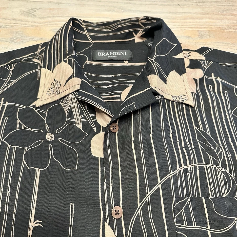 Brandini 100% Silk Hawaiian Button Up Shirt Mens XL Black Beige Bamboo Floral SS - Image 1 of 4