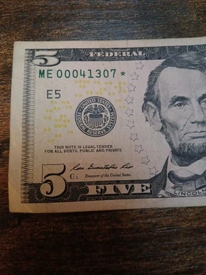 $5 Dollar Star* Note* 2013 Low Serial Number SN- ME00041307* - Image 1 of 4