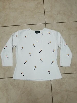 Martini Cocktails Sweater Shirt Mercer & Madison V-Neck White 3/4 Sleeve Size M  - Image 1 of 4