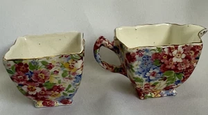 James Kent Apple Blossom Chintz Square Shaped Creamer and Sugar Set - Picture 1 of 14