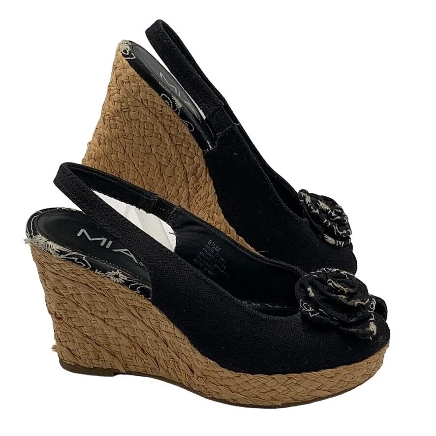 Zapatos informales negros con cuña MIA para mujer talla 8,5 M tela flor punta abierta Foto 1 de 4