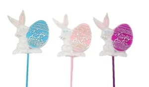 Happy Easter Bunny and Egg floral picks 12 pcs Assorted colors 3x3 top 12" long - Picture 1 of 2