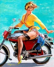 Vintage Pin-up Girl on a Motorcycle - Giclee Art Print