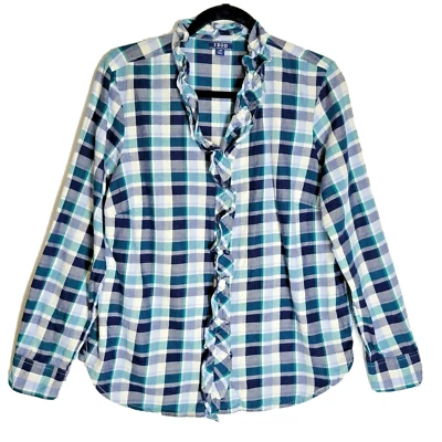 Izod Women's Plaid Shirt Long Sleeve Blue White Flannel Ruffle Neck Line Large - Image 1 of 4